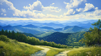 Panoramic Mountain View with Vibrant Fall Colors. A breathtaking vista showcasing a mountain range blanketed in lush green forests, with hints of fall foliage.