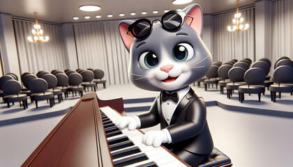 musical instrument A 3D cartoon cool smiling cat playing a grand piano in a concert hall, wearing a stylish tuxedo, iso1