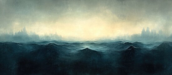 Fototapeta premium Misty, dark landscape with faint light in the distance.