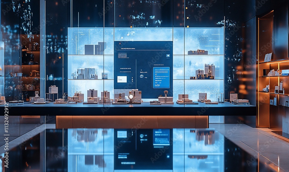Poster Modern display showcasing architectural models and digital interfaces.