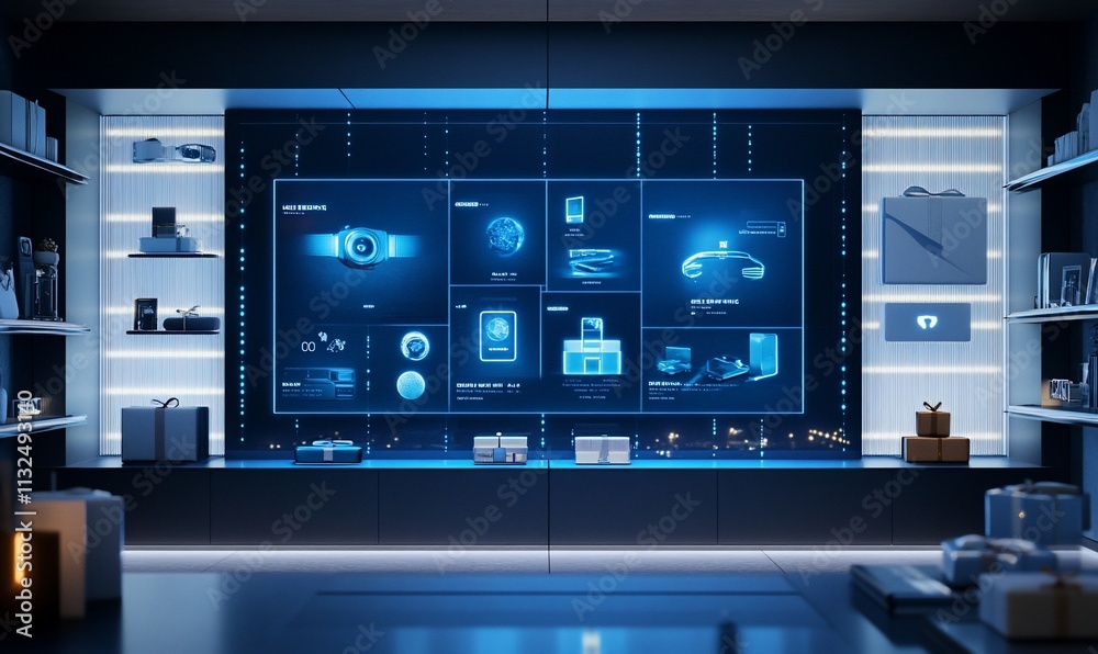 Poster modern tech display showcasing various digital products and information.