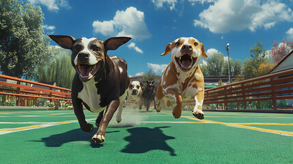 Dogs Chasing a Cow in a Green Field