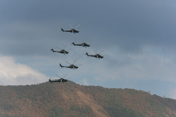 Russian combat helicopter Mi-28N, night hunter (NATO: Havoc). Four Mi-28N helicopters perform group...