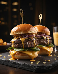 High-definition 4K image of Wagyu sliders with two juicy, seared patties and gourmet appeal