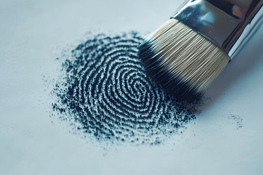 Close-up of a fingerprint dusting process with brush and powder, representing forensic science, investigation, and crime-solving techniques for uncovering hidden evidence