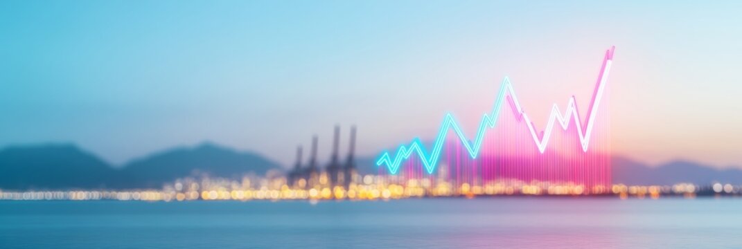 Nighttime Port with Neon Currency Graphs Reflecting Trade and Financial Market Trends