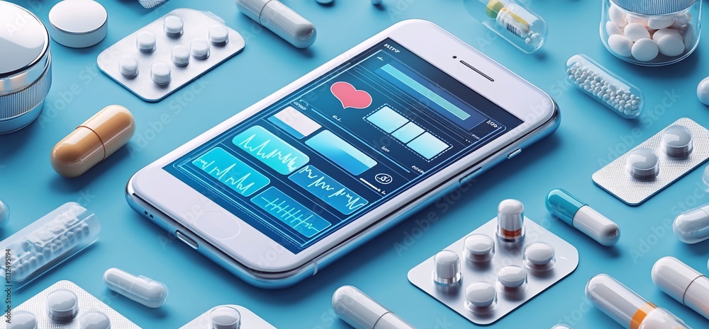 Poster smartphone surrounded by various medications and health data displays.