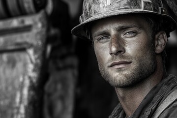 Obraz premium Close-up portrait of a determined male miner, his face dusted with coal, wearing a hard hat.