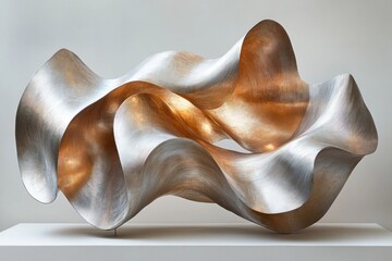 Abstract metallic sculpture with flowing, wave-like forms and brushed metal finish.