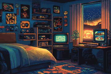 Retro Pixel Art Game Room, Bedroom with Video Game Consoles
