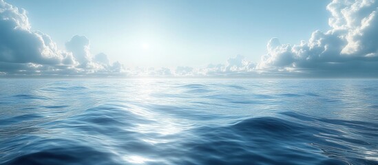 Serene ocean scene under a bright sky with fluffy clouds.