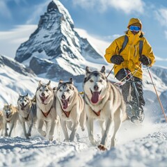 Arctic Adventure Dog Sledding Expedition With Husky Team Through Snowy Mountainous Wonderland.