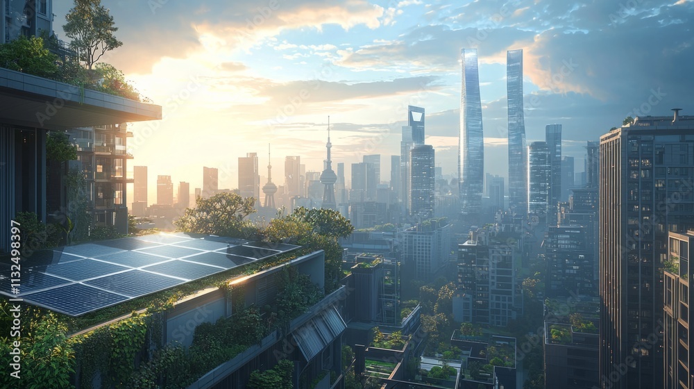 Aufkleber a cityscape with a green roof and a large building in the background