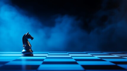 Lone black knight chess piece on a dark blue chessboard with smoky background.