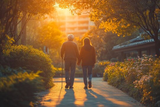 Elderly Man Walking with Nurse Amidst Nature at Health Facility for International Health Coverage Day, World Health Day, and National Seniors Day - Powered by Adobe