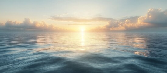 Obraz premium Serene ocean sunset with calm waves and soft clouds.