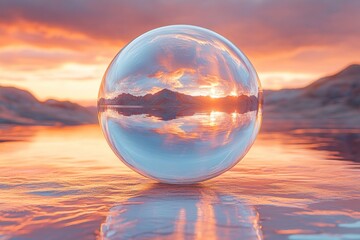 Crystal ball reflecting sunset over calm water and mountains.