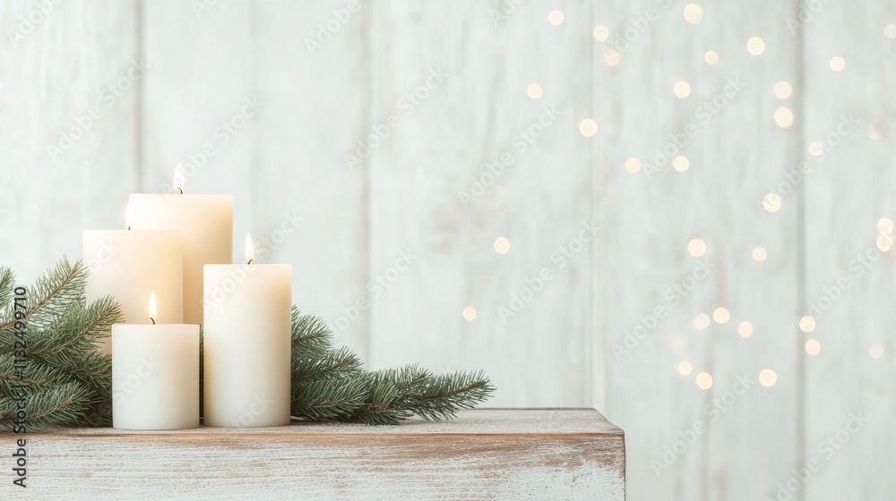 Poster cozy winter vignette with candles and pine on rustic shelf