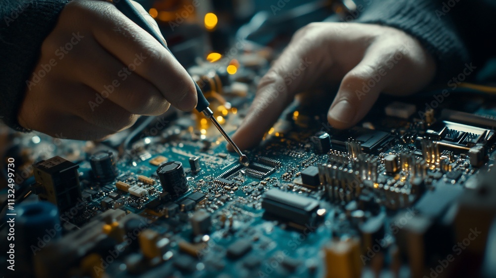 Poster A close-up of hands working on a circuit board with tools and components.