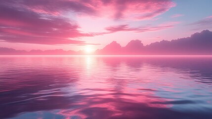 Obraz premium Pink sunset over calm ocean reflecting sky and mountains.