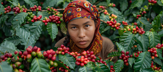 Women from northern Thai ethnic groups harvest coffee