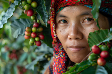 Women from northern Thai ethnic groups harvest coffee