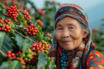 Women from northern Thai ethnic groups harvest coffee