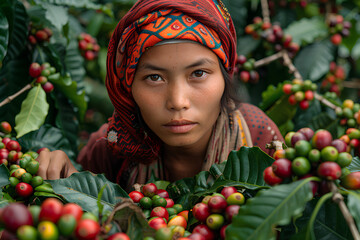 Women from northern Thai ethnic groups harvest coffee