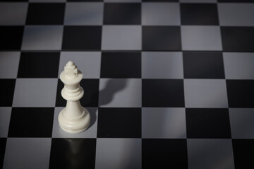 A close-up of a chessboard highlighting the white KING standing out among black pieces, symbolizing...