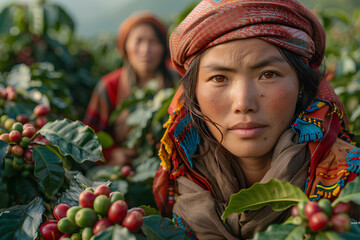 Women from northern Thai ethnic groups harvest coffee