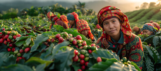 Women from northern Thai ethnic groups harvest coffee