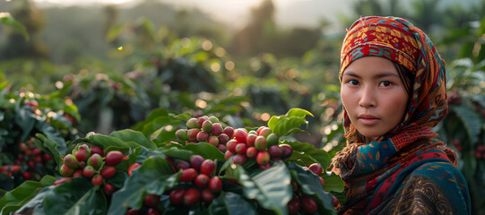 Women from northern Thai ethnic groups harvest coffee