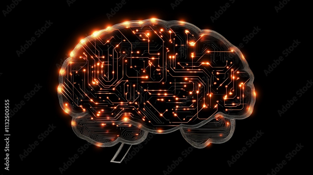 Poster a digital brain illustration with circuit patterns and glowing connections.