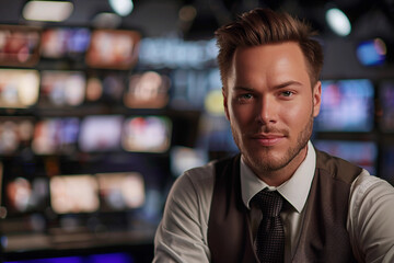 Fototapeta premium Generative AI Image of Male TV Host Conducting Live Broadcast in News Studio