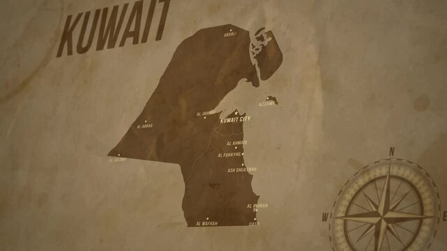 Vintage Map of KUWAIT with states Borders and Major Cities Positions