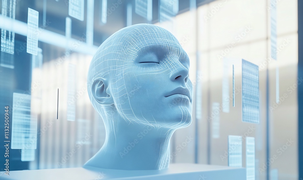 Poster A digital representation of a human head with data projections.