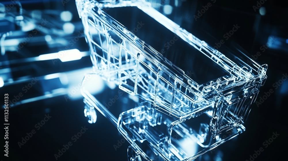 Poster A digital rendering of a transparent shopping cart in a futuristic setting.