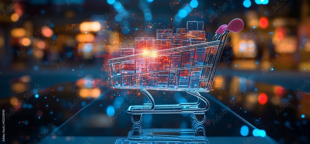 Poster a digital shopping cart filled with glowing blocks, symbolizing e-commerce.