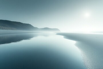 Fototapeta premium Serene coastal scene at dawn, reflecting calm water, hazy mountains, and sunlight.