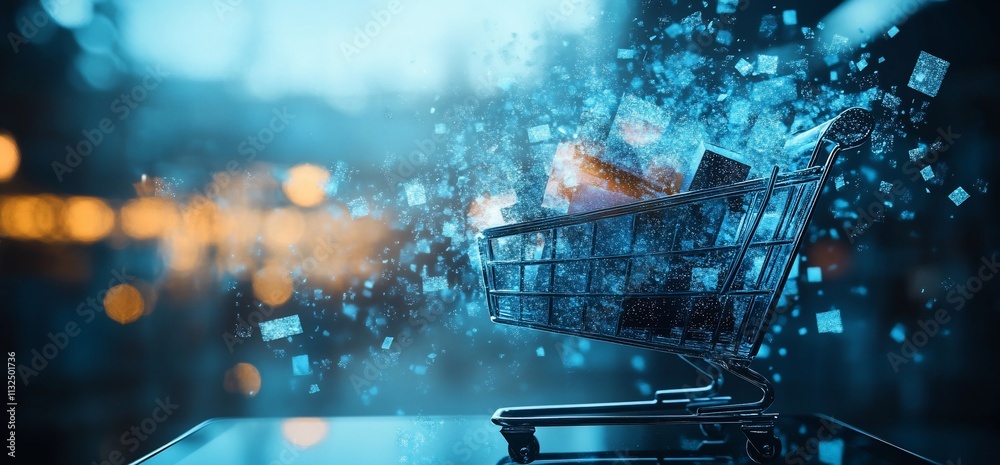 Poster A digital shopping cart with floating data elements, symbolizing e-commerce.