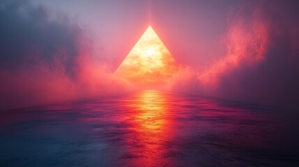 Fototapeta premium Glowing triangle pyramid reflected in a calm sea at sunset, surrounded by dramatic clouds.