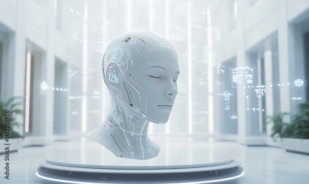 Poster a futuristic humanoid head with digital interfaces in a modern setting.