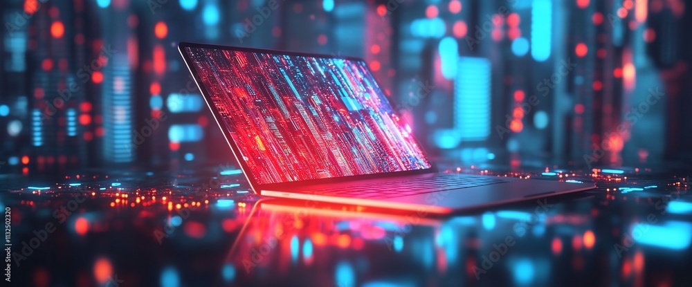 Poster A futuristic laptop displaying vibrant digital data in a cyber environment.