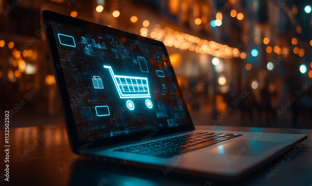 Poster a laptop displaying a digital shopping cart interface in an urban setting.