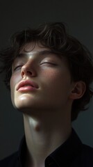 Obraz premium Close-up portrait of a young man with his eyes closed, illuminated by soft light.