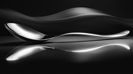 Fototapeta premium Sleek silver spoon with elegant curves reflected on a dark, shiny surface, creating a dreamy, abstract effect.