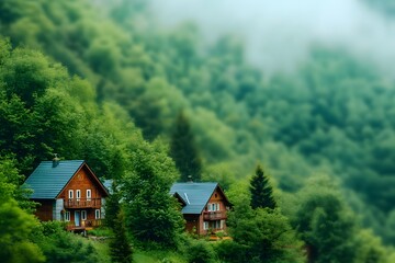 Serene Wooden Cottages Nestled Among Lush Green Forest in a Misty Mountain Landscape, Perfect for Nature Retreats and Holiday Escapes