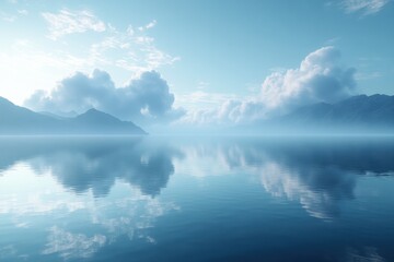 Naklejka premium Serene lake reflecting mountains and clouds under a tranquil sky.