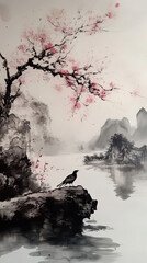 Tranquil River Scene With Blossoming Tree And Bird