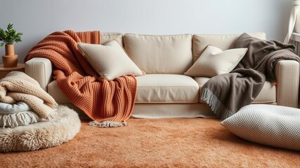 Obraz premium A cozy living room featuring plush blankets, soft pillows, and a warm area rug, creating a comfortable and inviting atmosphere, plush, soft